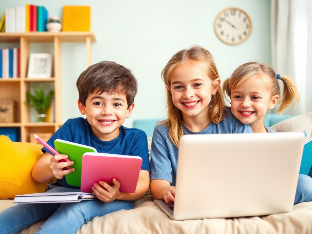 Happy students learning English online